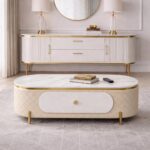 City Furniture - Luxury Upholstered Coffee Table with Round Shape Storage Drawer | Marble Finish Top & Gold Metal Legs | Modern Designer Center Table
